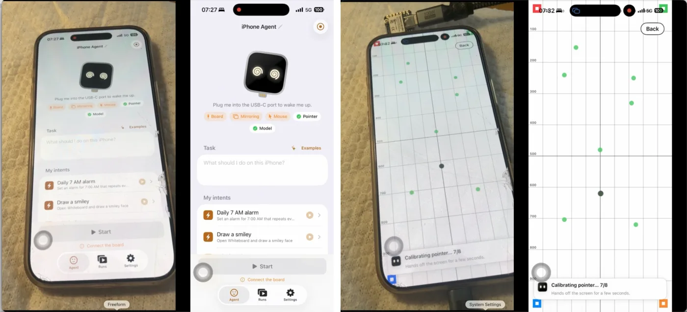 The real phone next to what the agent sees, and pointer calibration